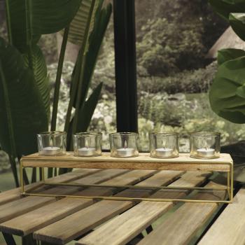 Kerzenhalter Teelichthalter 5er aus Glas, Metall und Holz